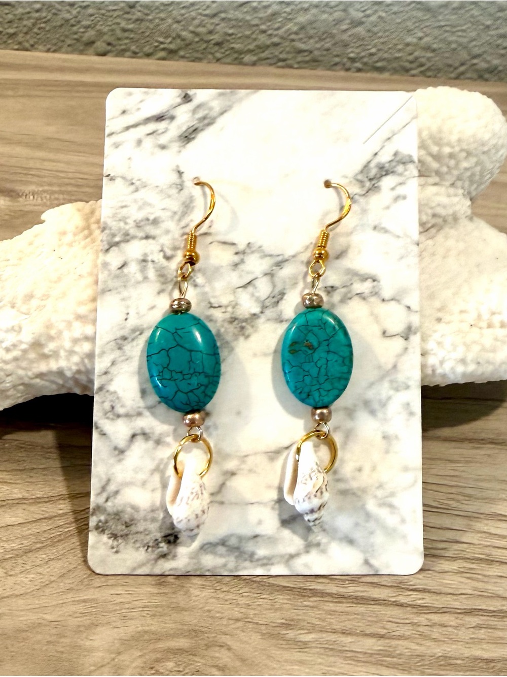 122. Turquoise and Shell Drop Earrings - Gold Hooks